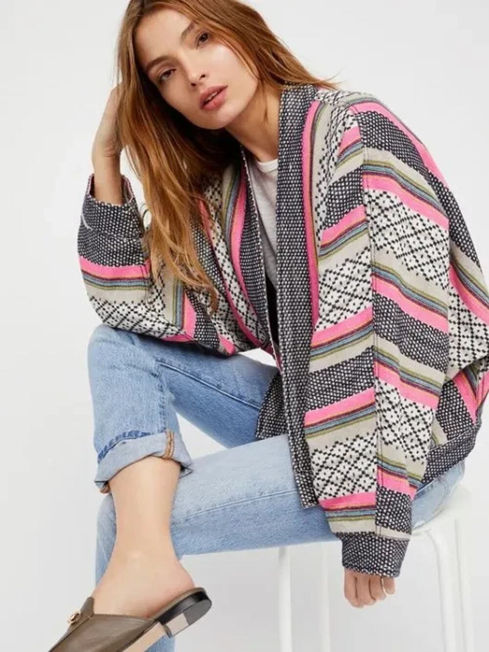 Free People Rare Dolman Striped Print Boho Hippie Pink Gray Jacket Sz XS/S